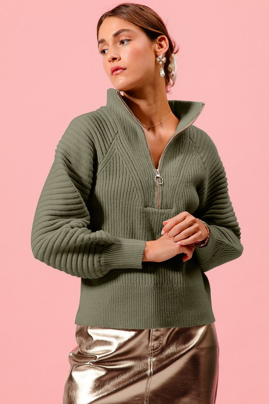 Moss Green Half Zip Balloon Sleeves Ribbed Sweater