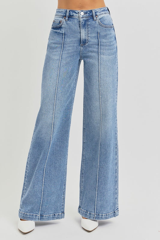 Risen Light Wash High Waist Wide Leg Pintuck Detailed Jeans