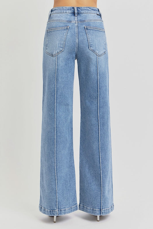 Risen Light Wash High Waist Wide Leg Pintuck Detailed Jeans