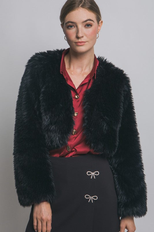 Black Faux Fur Long Sleeve Crop Jacket