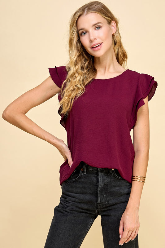 Burgundy Double Ruffle Blouse Top