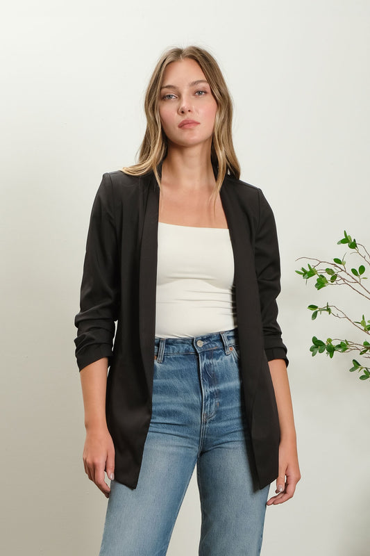 Black Collarless 3/4 Ruched Sleeve Longline Blazer
