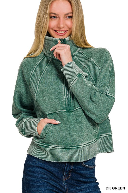 Green Acid Washed Half Zip Pullover