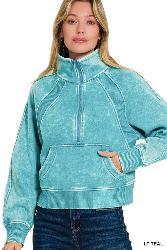 Teal Acid Washed Half Zip Pullover