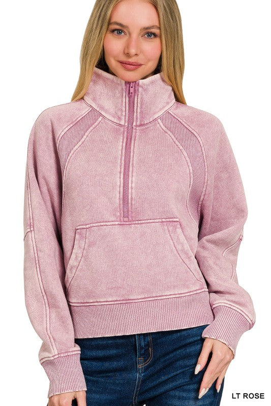 Mauve Acid Washed Half Zip Pullover