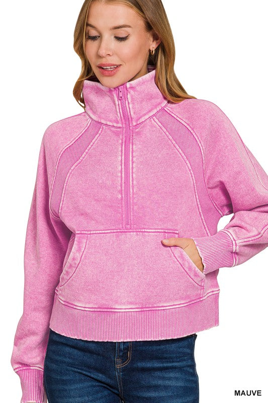 Mauve Acid Washed Half Zip Pullover