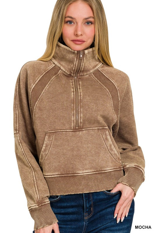 Mocha Acid Washed Half Zip Pullover