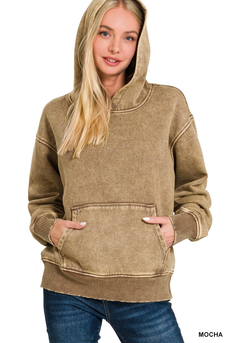 Mocha Fleece acid Wash Hoodie with Pocket
