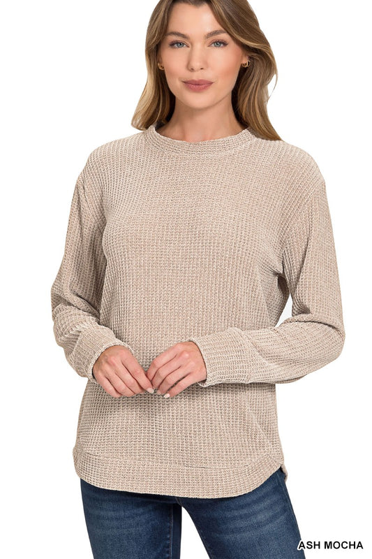 Tan Chenille Waffle Round Neck Sweater