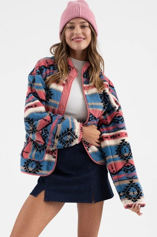 Pink & Blue Aztec Fleece Button Down Jacket