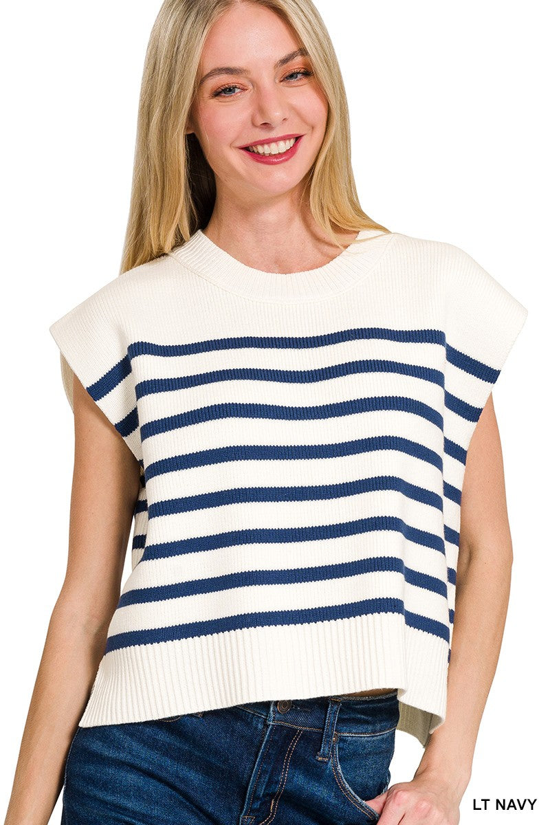 Navy Oversized Crew Neck Stripe Sweater Vest