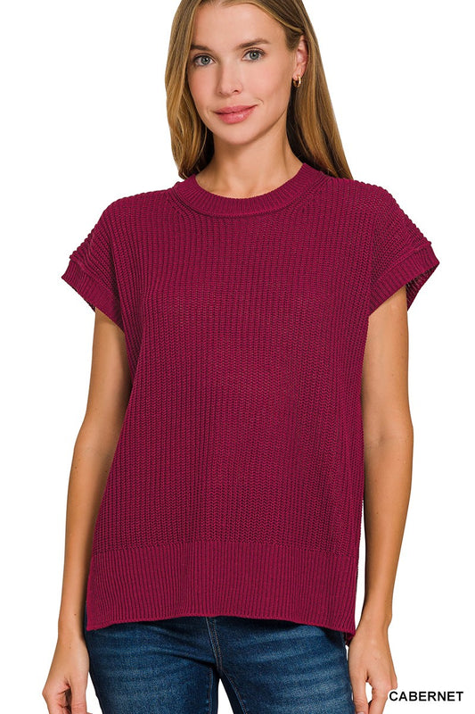 Wine Knit Short Sleeve Top Slit Side