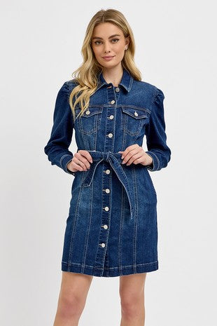 Risen Puffed Sleeve Denim Dress