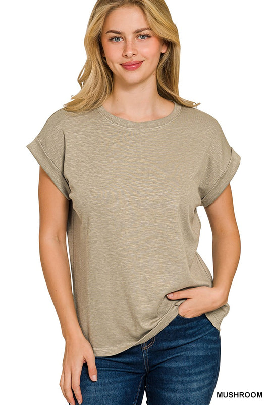 Mushroom Slub Cuffed Sleeve Tee