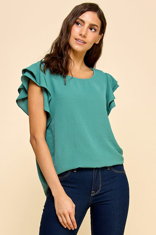 Dusty Teal Double Ruffle Blouse Top