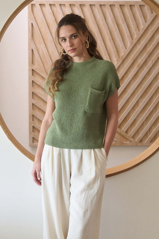 Green Mock Neck Short Sleeve Sweater Top w/Pocket