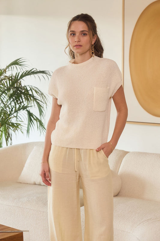 Ivory Mock Neck Short Sleeve Sweater Top w/Pocket
