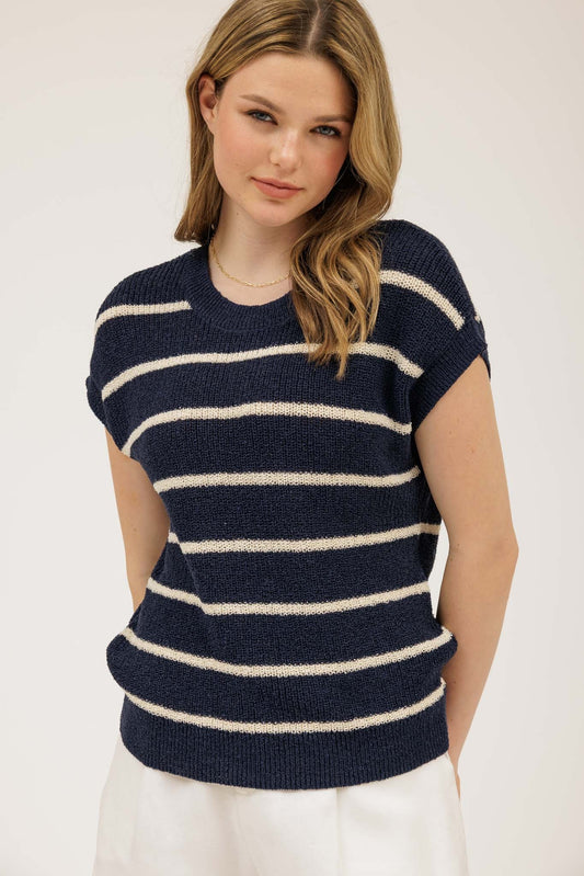 Navy Stripe Extended Shoulder Short Sleeve Knit Sweater