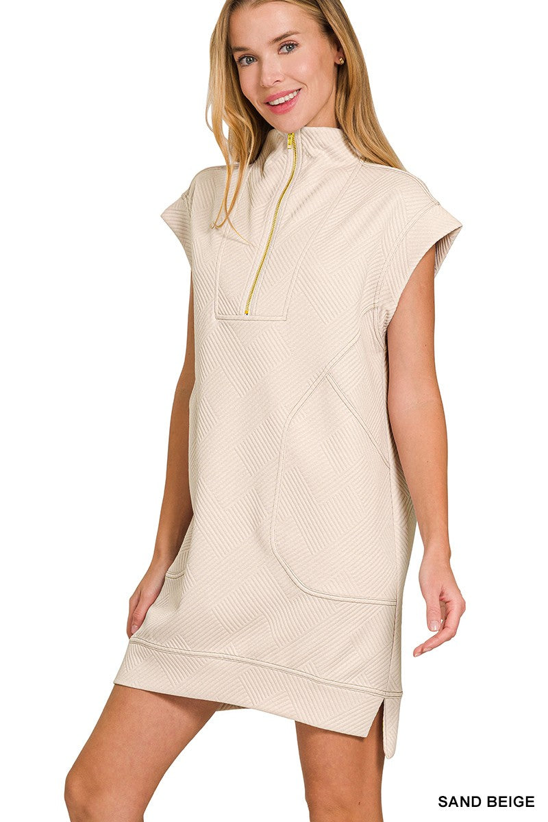 Beige Textured Quarter Zip Dress