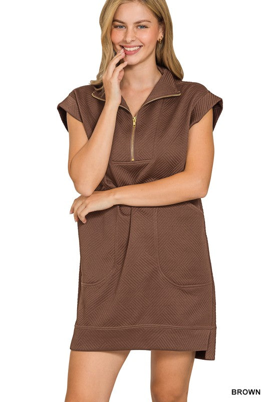 Brown Textured Quarter Zip Dress