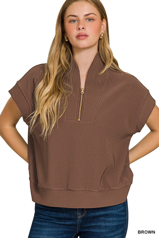 Brown Ribbed High Neck Half Zip Top