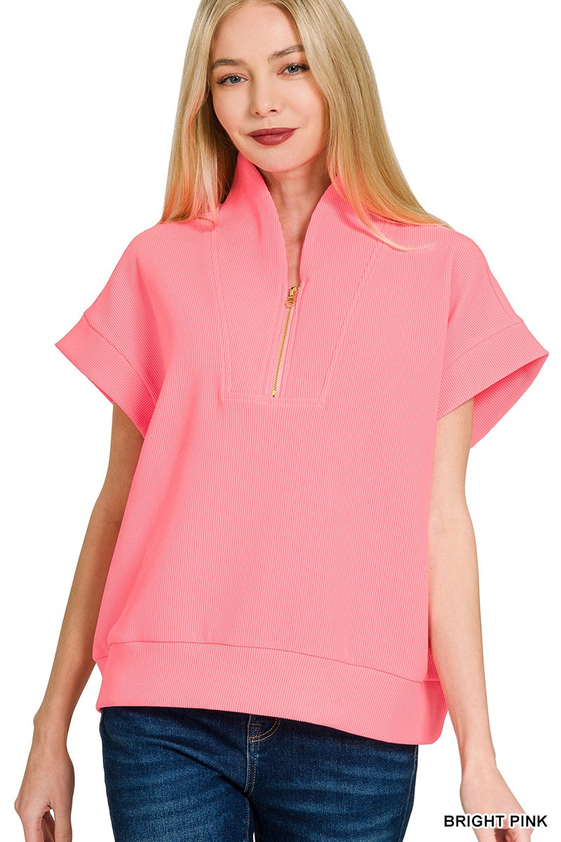 Pink Ribbed High Neck Half Zip Top