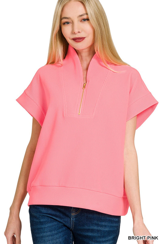 Pink Ribbed High Neck Half Zip Top
