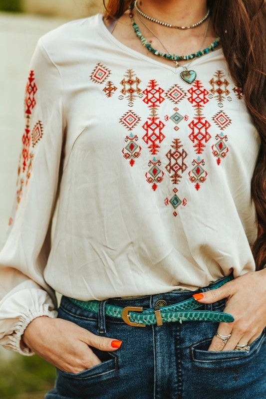 Ivory Aztec Embroidered Top