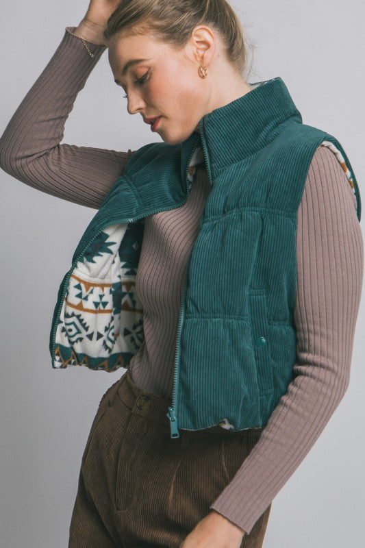 Hunter Green Reversible Aztec Puffer Vest