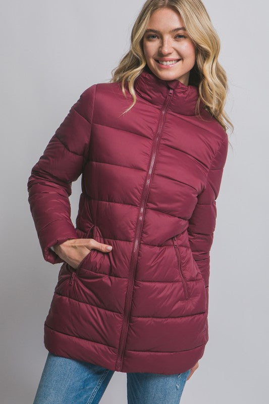 Burgundy Long Quilted Puffer Jacket