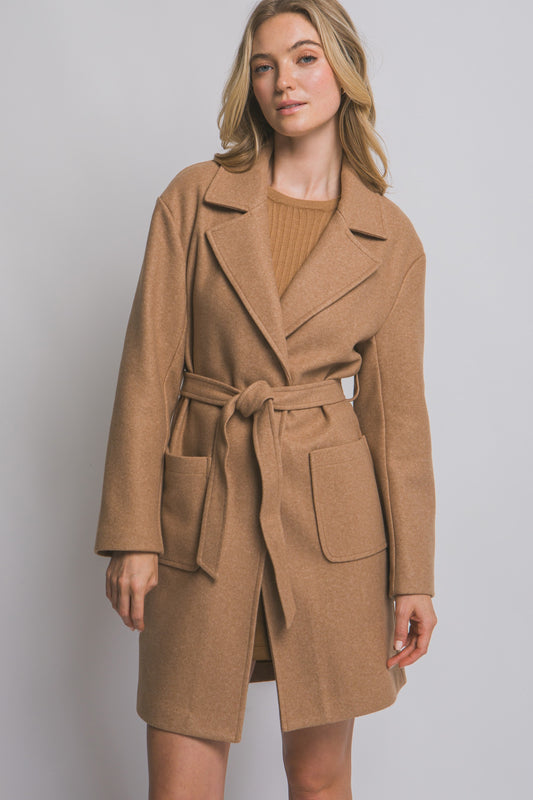 Camel Tie- Front Mid Length Coat