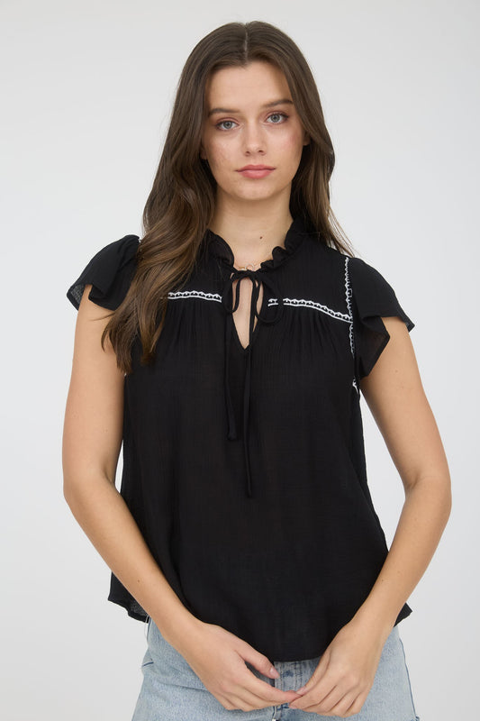 Black Contrast Embroidery Ruffle Detail Front Tie Blouse