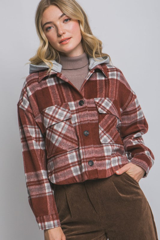 Burgundy Plaid Shacket With Detachable Hood