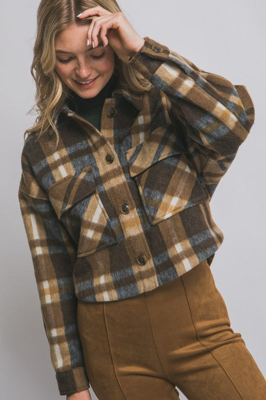 Brown Button-down Short Plaid Shacket