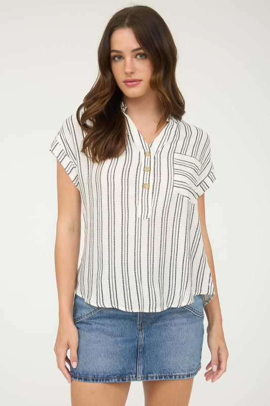 Cream Stripe Button Short Sleeve Top
