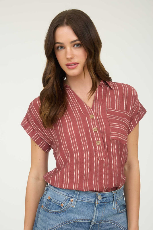 Burgundy Stripe Button Short Sleeve Top