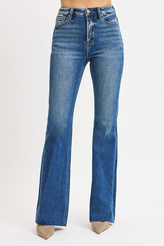 Risen High Rise Flare Jeans Dark Wash & Raw Cut Hem