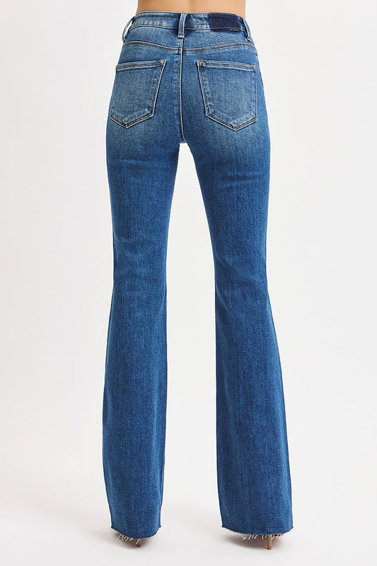 Risen High Rise Flare Jeans Dark Wash & Raw Cut Hem