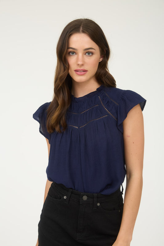 Navy Lace Trim Ruffle Detail Short Sleeve Blouse