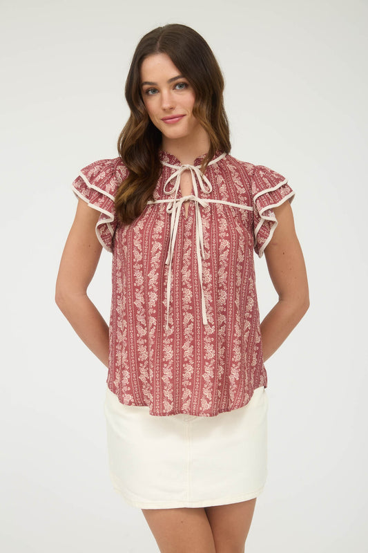 Burgundy Stripe Floral Tie Front Ruffle Top