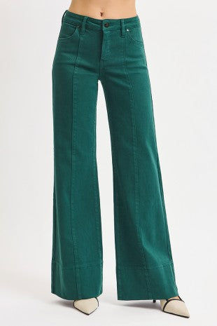 Hunter Green Risen Tummy Control Mid Rise Wide Leg w/ Wide Hem