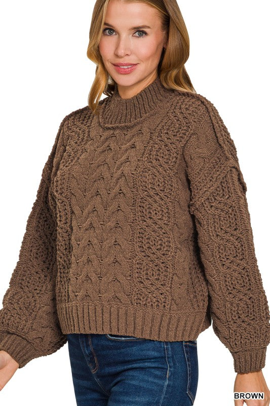 Brown Mock Neck Cable Knit Sweater