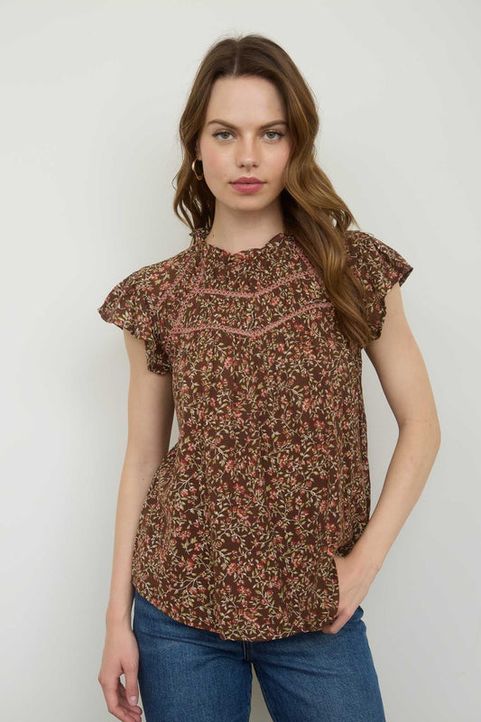 Brown Floral Lace Yoke Ruffle Detail Short Sleeve Top