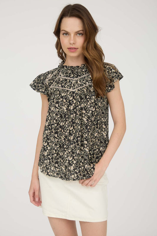 Black Floral Lace Yoke Ruffle Detail Short Sleeve Top