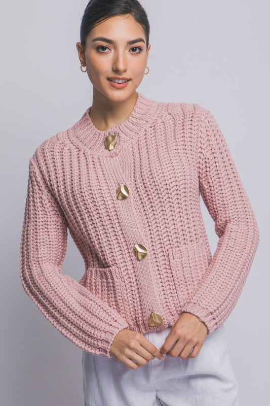 Pink Chunky Knit Cardigan w Gold Buttons