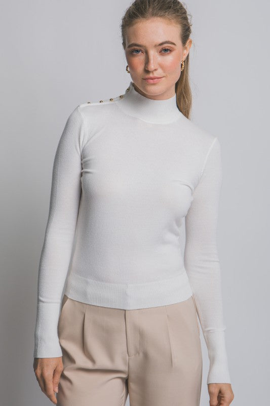 Ivory Button Detail Neck Long Sleeve Sweater Top