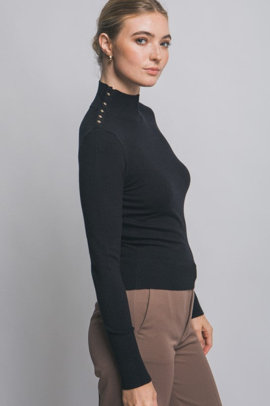 Black Button Detail Neck Long Sleeve Sweater Top