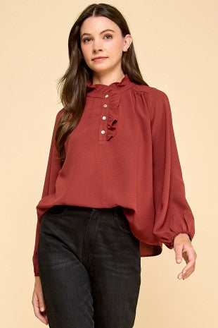Spice Blouse w/ Mock Ruffle Neck & Button Detail