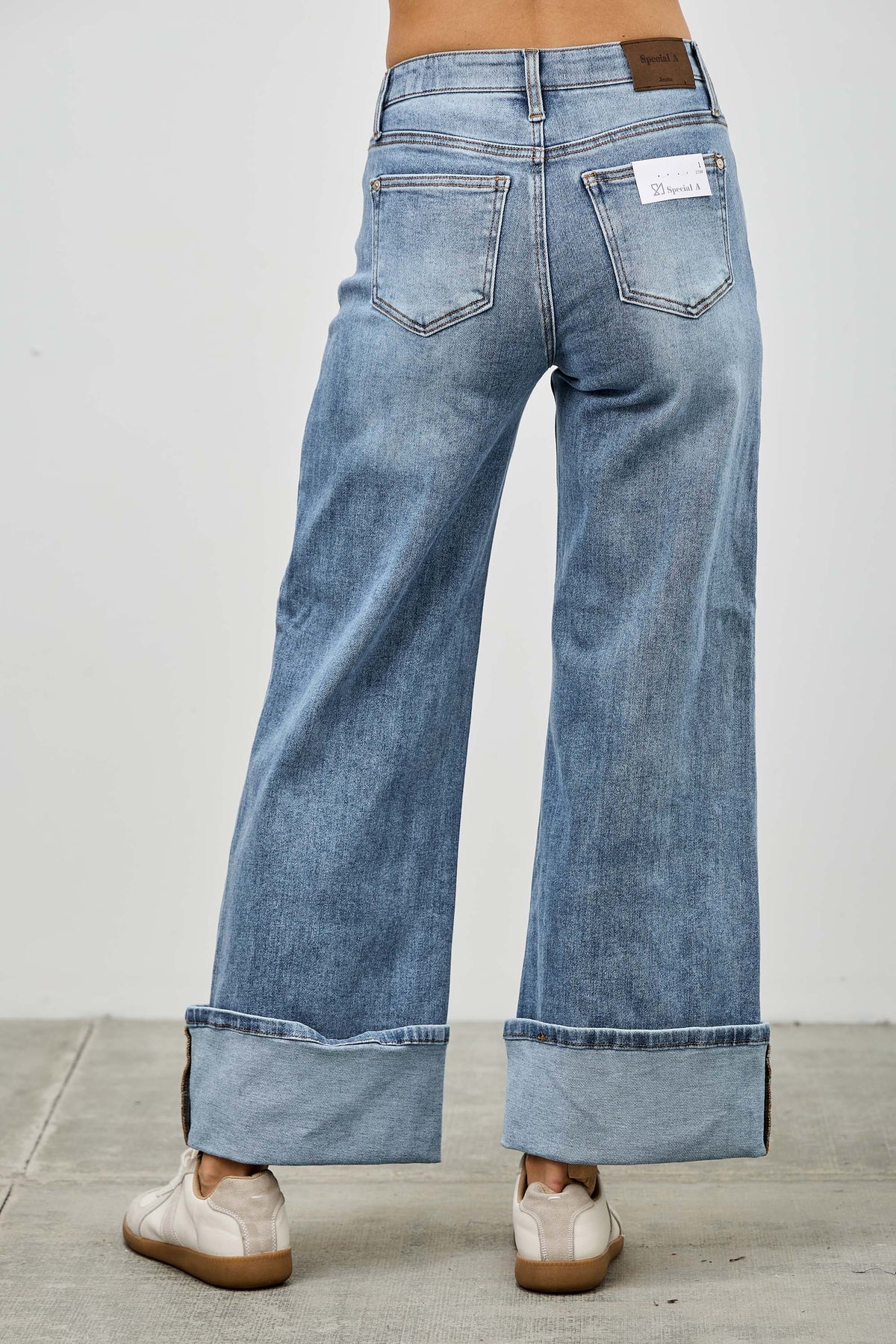 Saige Mid Rise Light Wash Wide Leg Cuffed Jeans