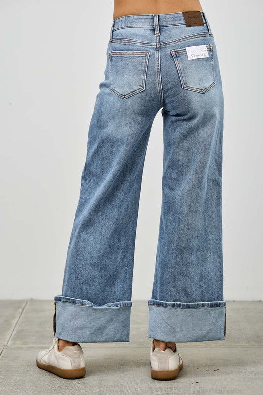 Saige Mid Rise Light Wash Wide Leg Cuffed Jeans